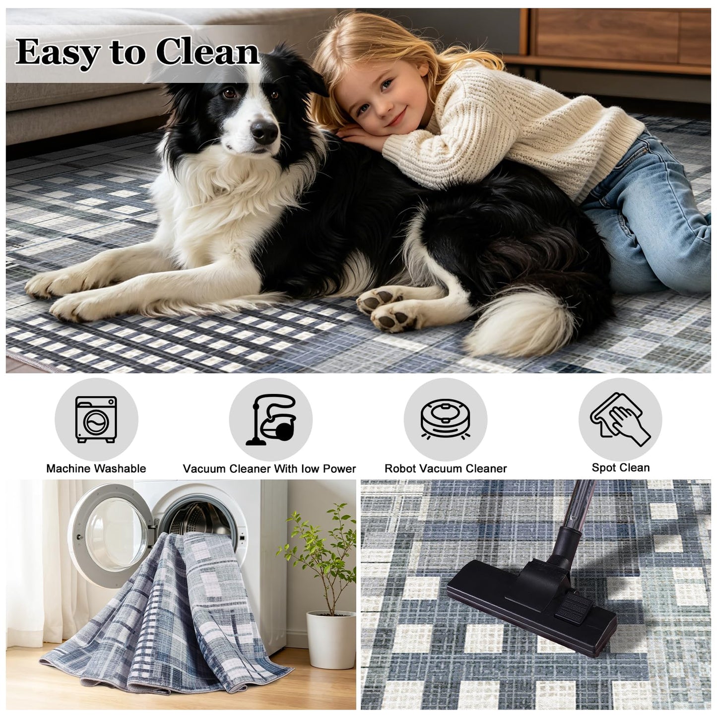 Rezutan Modern Geometric Plaid Indoor Area Rug for Living Room, Blue Gray Distressed 4X 6 Ft Large Rug Hardwood Floors Decor for Bedroom, Throw Carpet for Office Dining Room