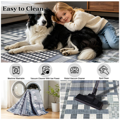 Rezutan Modern Geometric Plaid Indoor Area Rug for Living Room, Blue Gray Distressed 4X 6 Ft Large Rug Hardwood Floors Decor for Bedroom, Throw Carpet for Office Dining Room
