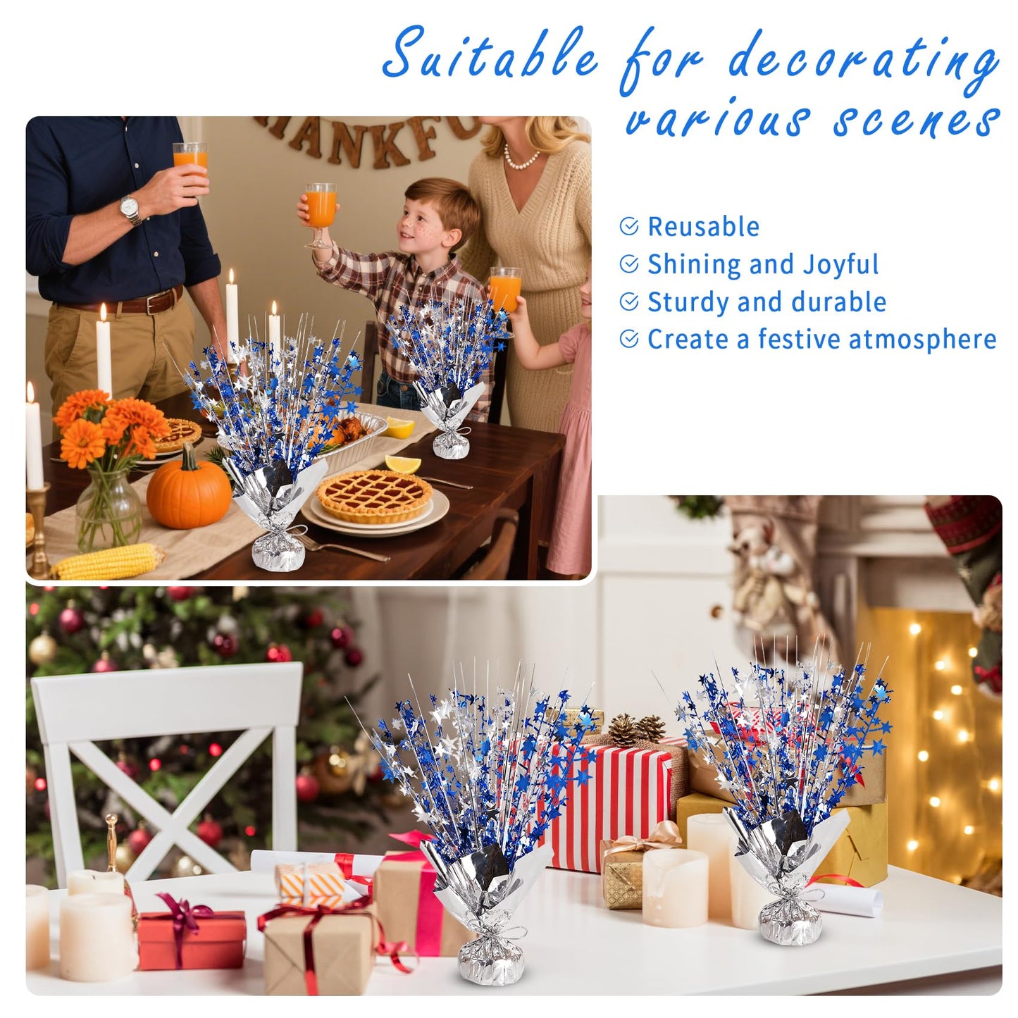 Metallic Foil Spray Centerpieces 12 Pack Star Table Decorations with Weighted Base, Metallic Starburst Table Centerpiece for Graduation 2026, Birthday, Party Decorations (Silver Navy Blue)