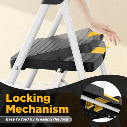 Urackify 3 Step Ladder, Folding Steel Step Stool with Safety Lock, Anti-Slip Wide Pedals, Pass 800lbs Load Testing, Handrail, Heavy Duty Portable Ladder for Multi-Purpose, Indoor, Office, Kitchen