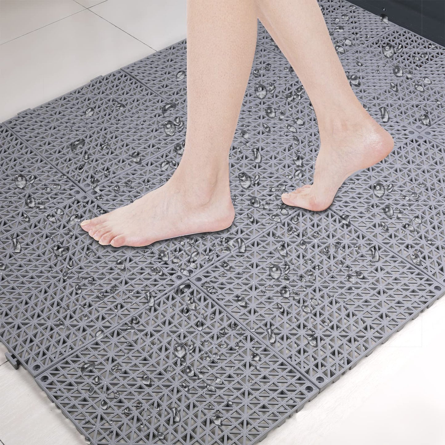 SOUJOY 12 Pieces Modular Interlocking Cushion, 11.6" x 11.6" Rubber Floor Tiles with Holes, Non-Slip Splicing Drainage Mat for Pool Shower Bathroom Kitchen Patio Balcony Yard Pet Area