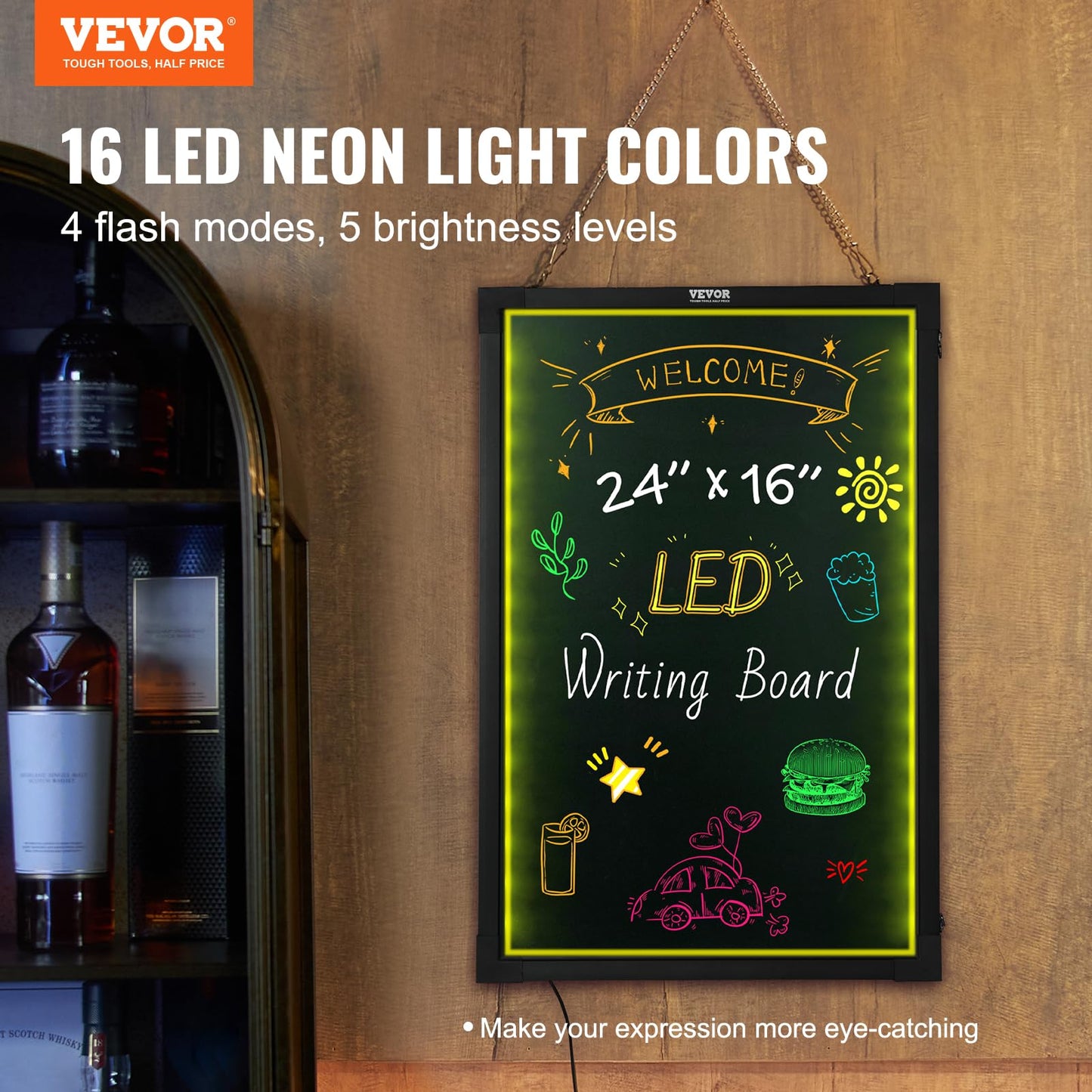 VEVOR 32"x24" LED Message Writing Board, Menu Sign Boards, Illuminated Erasable Lighted Chalkboard, Neon Effect Drawing Panel with 8 Fluorescent Chalk Markers and Remote Control