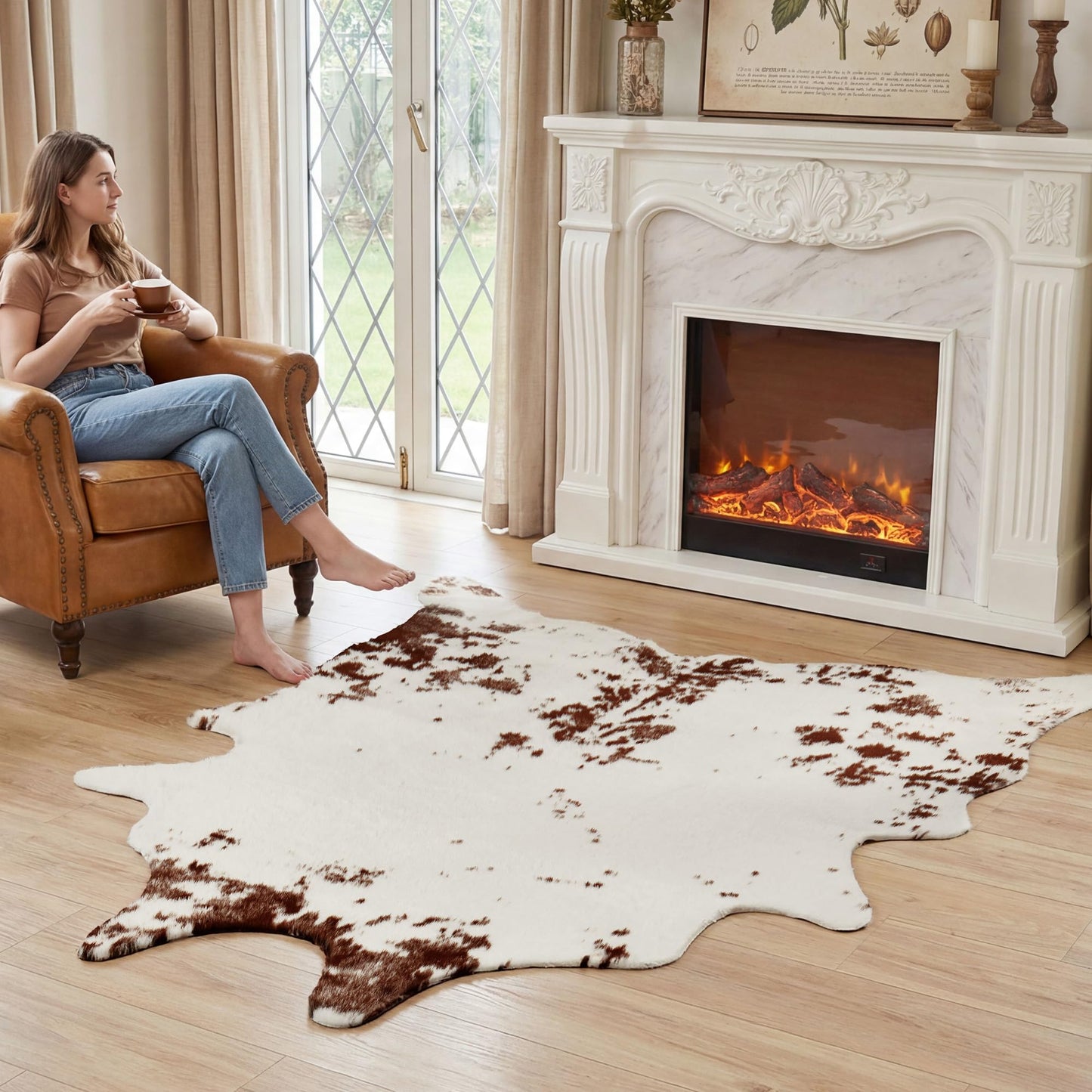 JONIYEAR Large Durable Faux Cowhide Area Rug 4.9 x 6.56 Feet, Premium Cow Print Rug for Living Room Bedroom, Durable Faux Fur Animal Cow Hide Carpet for Western Farmhouse Decor, Brown and White