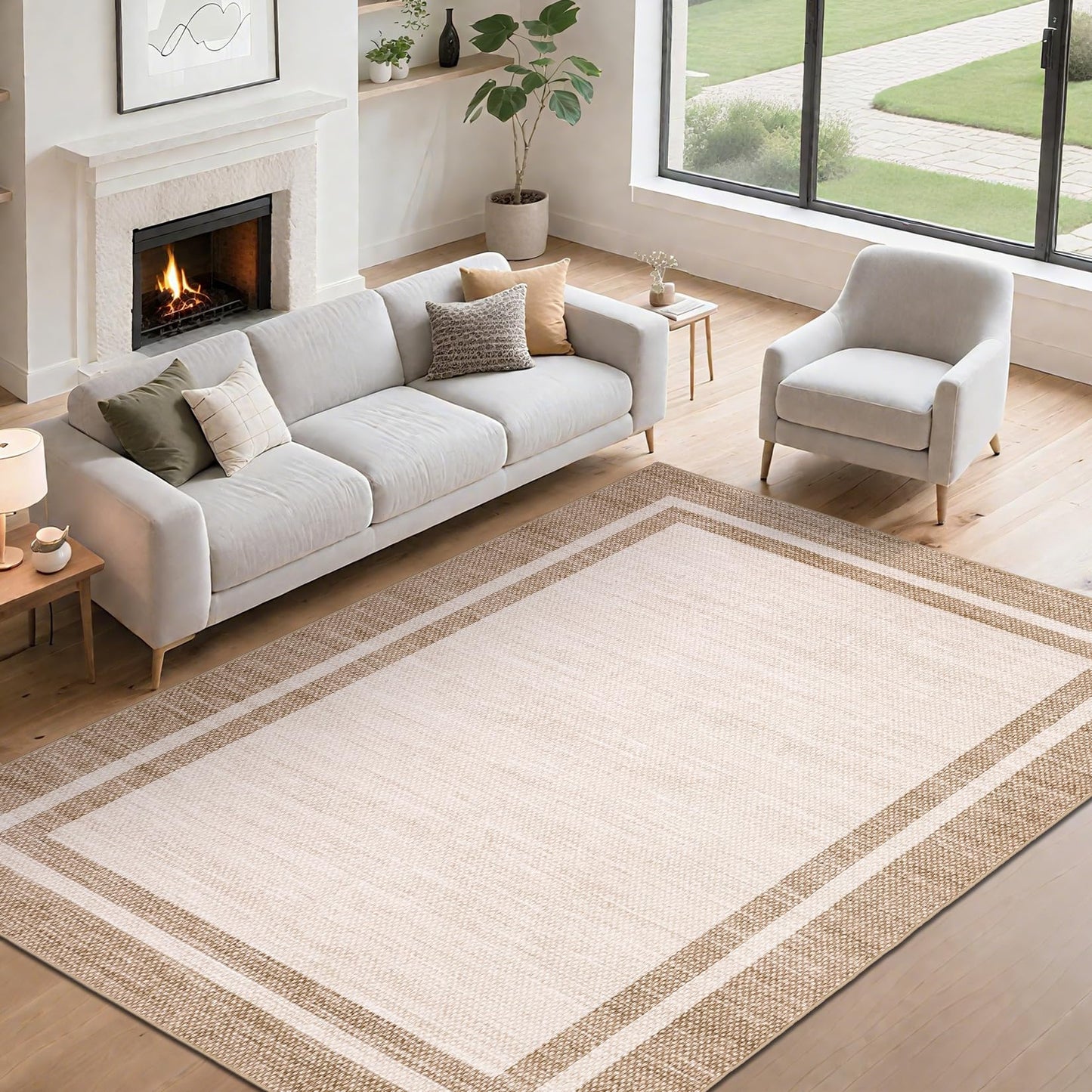 COZYLOOM 5x7 Living Room Rugs Washable Kids Bedroom Rug Non Slip Stain Resistant Modern Bordered Rug Non Shedding Low Pile Carpet Foldable Thin Minimalist Mats for Entryway Nursery Office, Beige