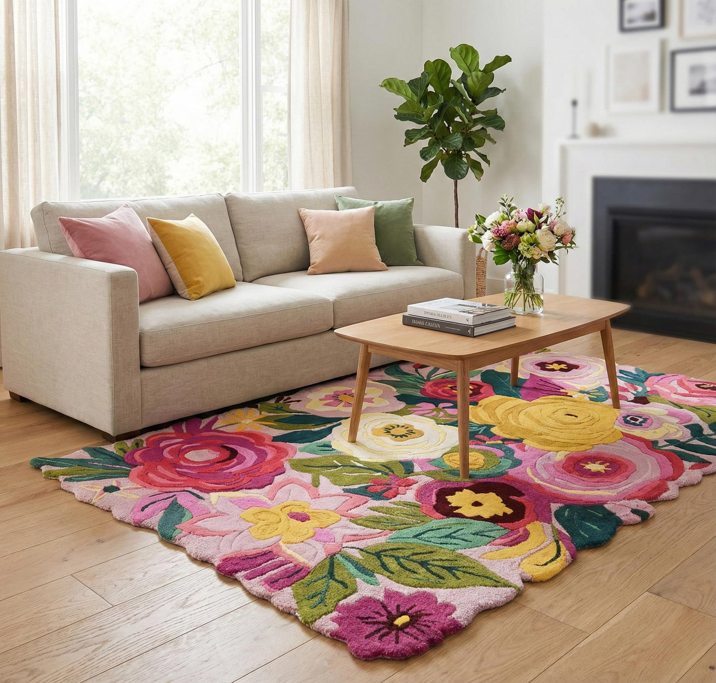 Hand-Tufted Floral Wool Area Rug - Vibrant Colorful Flower Pattern - Soft & Plush Accent Rugs/Carpet for Living Room, Bedroom, Nursery or Office - Scalloped Edge Unique Design (Multi, 2.6' x 8')