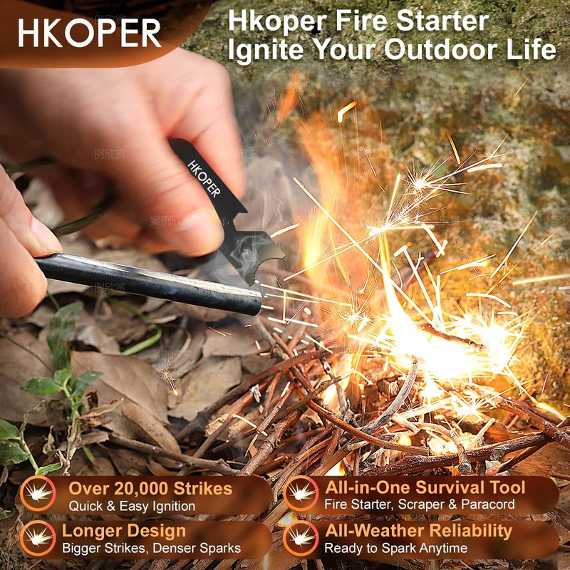 Hkoper Ferro Rod Fire Starter with Striker, Flint and Steel Fire Starter, 6" x 3/8" Survival Tool, 15,000+ Strikes, Large Sparks in Any Weather, Camping Hiking Bushcraft Gear