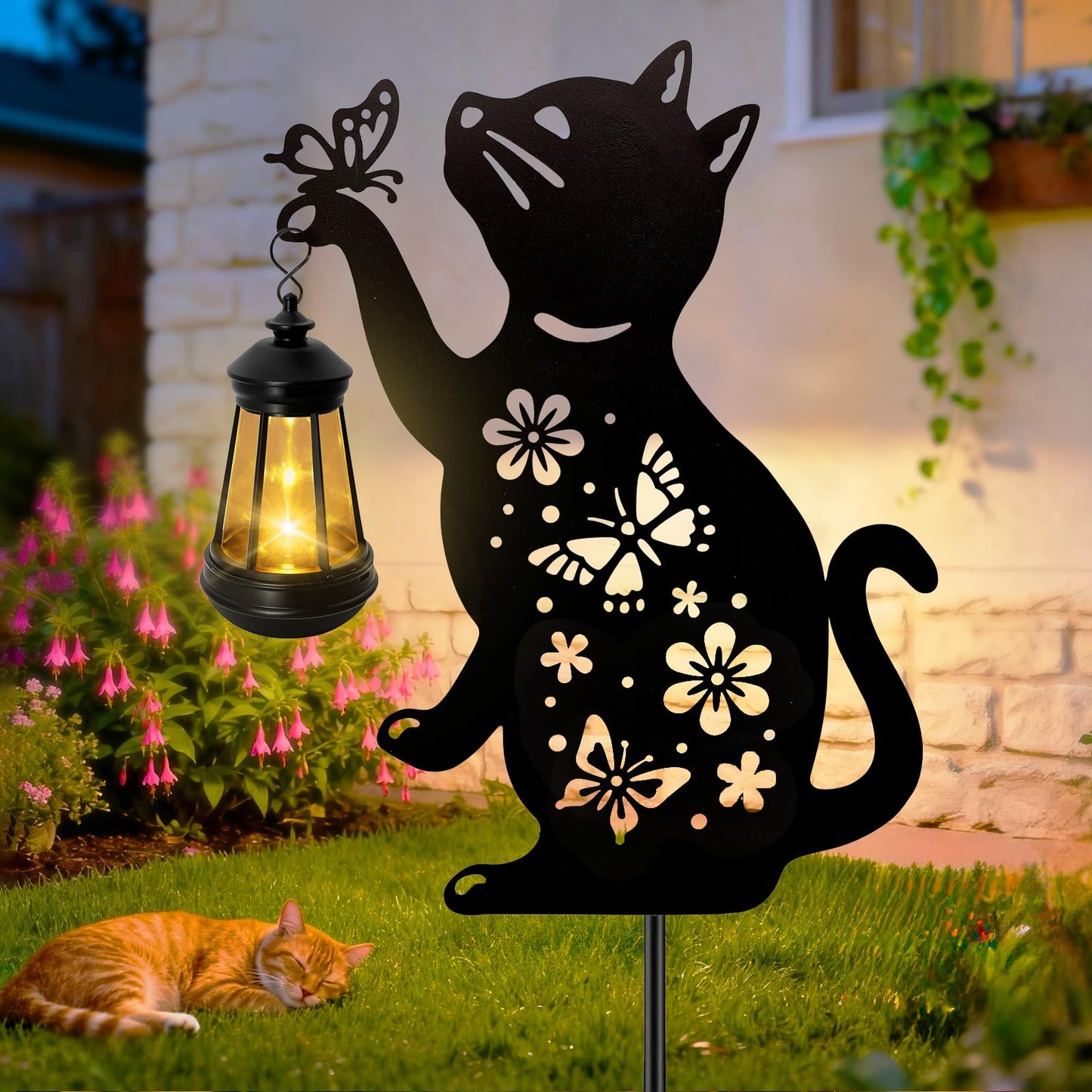 ANGMLN Cat Solar Lights Outdoor, Black Cat Hanging Lantern Waterproof, Cat Lover Gifts for Women Mom Birthday Mother's Day, Metal Garden Statue Yard Decor Patio Pathway Backyard Lawn Ornaments