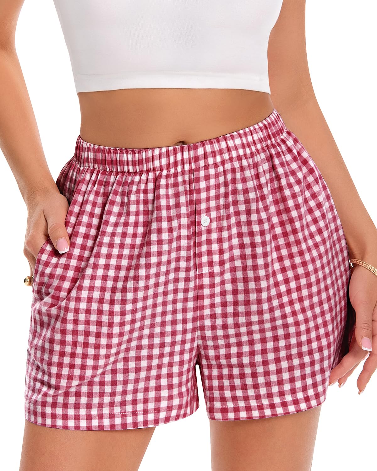 Boxer Shorts for Women Summer Gingham Pajama Casual Plaid Shorts Y2K Beach Bottoms with Pocket(Red, M)