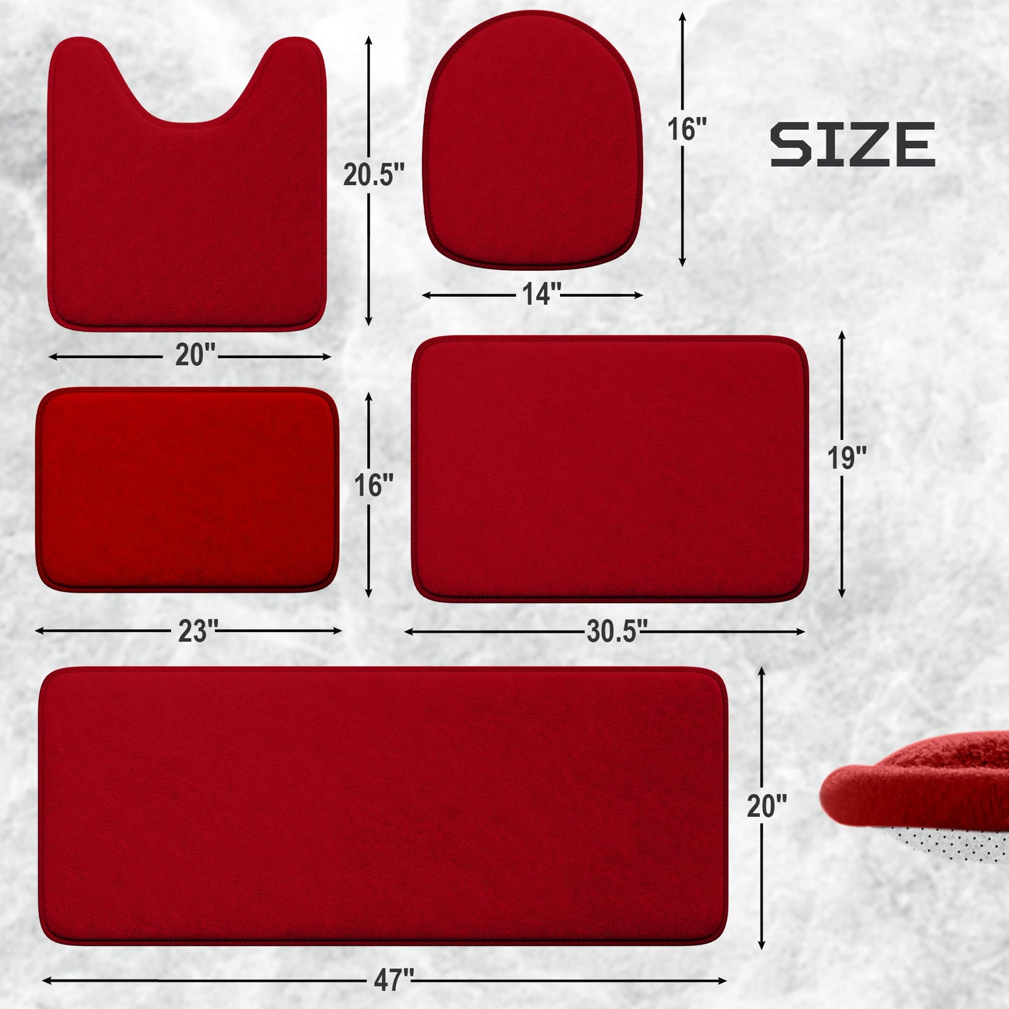 Elvoki 5-Piece Memory Foam Bath Mat Set - Non Slip Cushioned Ultra Absorbent Bathroom Floor Rugs - Machine Washable Quick Dry Soft Shower Mat - Burgundy