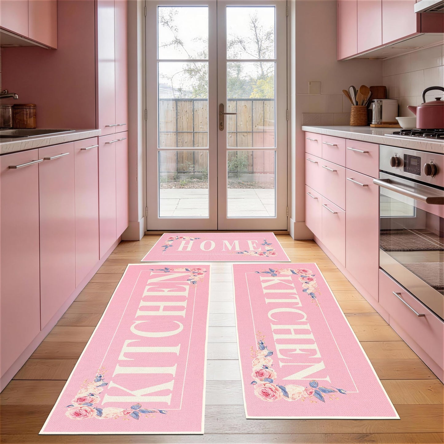 PCSWEET HOME Pink Floral Kitchen Rugs Mats for Floor 3PCS, Farmhouse Non Slip Kitchen Rug Runner, Washable Non Skid Kitchen Rugs, Comfort Standing Mat for Laundry, Desk, Bar, Office