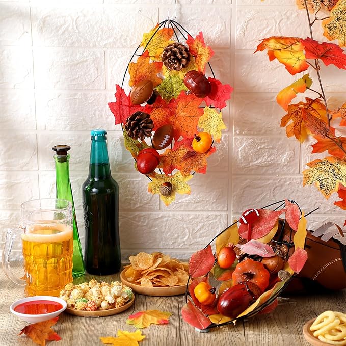 6 Pcs Fall Football Decorations 12 Inch Football Wreath Fall Metal Wreath Form Wire Garland for Sports Party Autumn Harvest Party Decor DIY Craft Project Holiday Front Door Hanging Home
