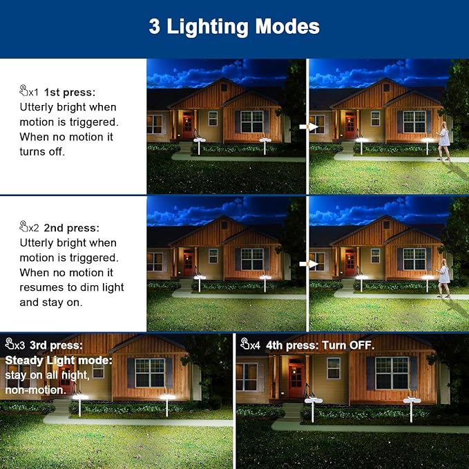 EMANER Solar Lights Outdoor Motion Sensor, 2500LM Lux Equivalent White Flood Lights for Outside, Dusk to Dawn 3-Mode Sensing Security Light, Solar Powered Driveway Lights Cordless, 2-Pack