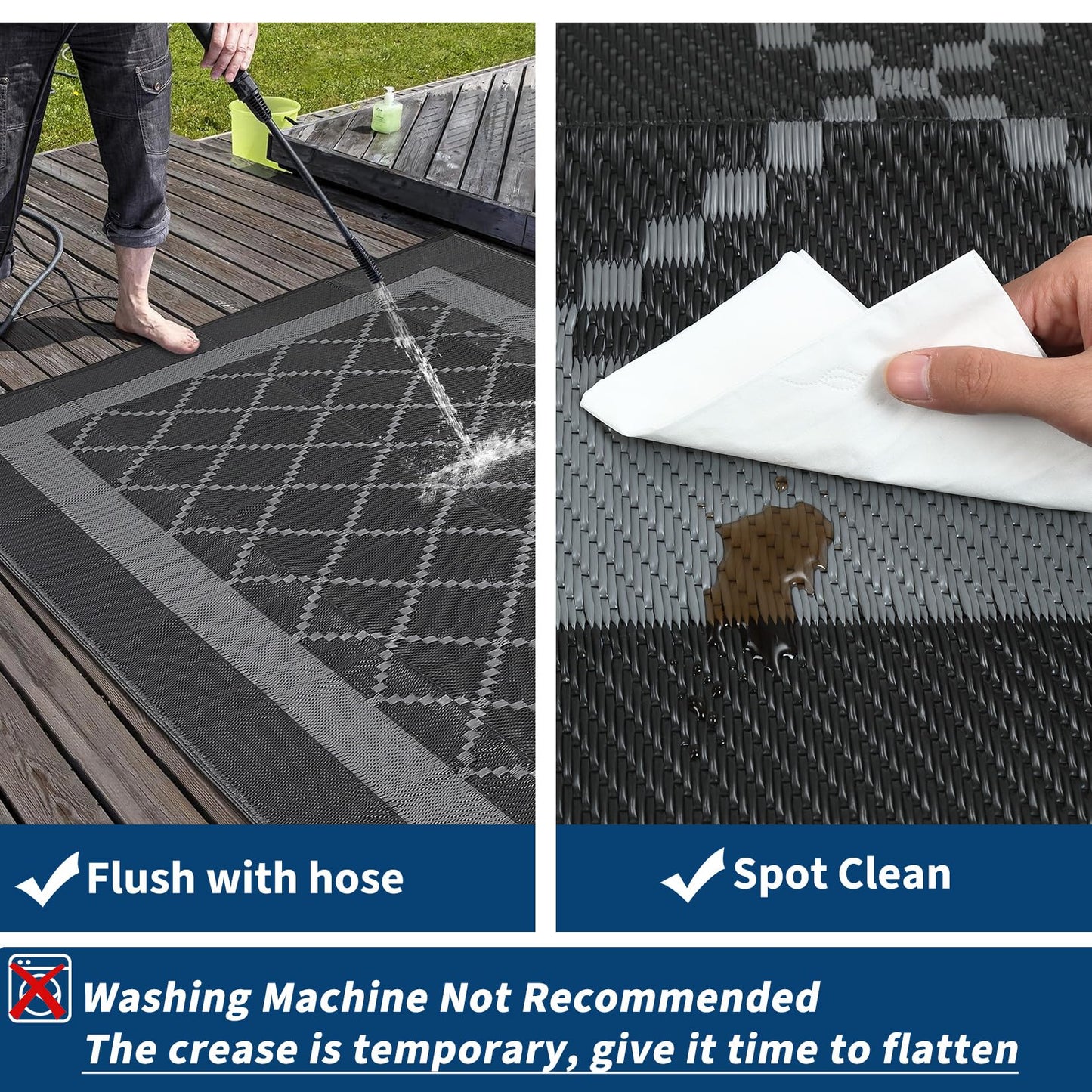 GAOMON Patio Rug 9x18 Waterproof Outdoor Plastic Straw Rug Reversible Camping Mat, Foldable Portable RV Picnic Carpet with Bag & 4 Stakes, UV Resistant Outside Carpet for Deck Balcony, Black&Grey