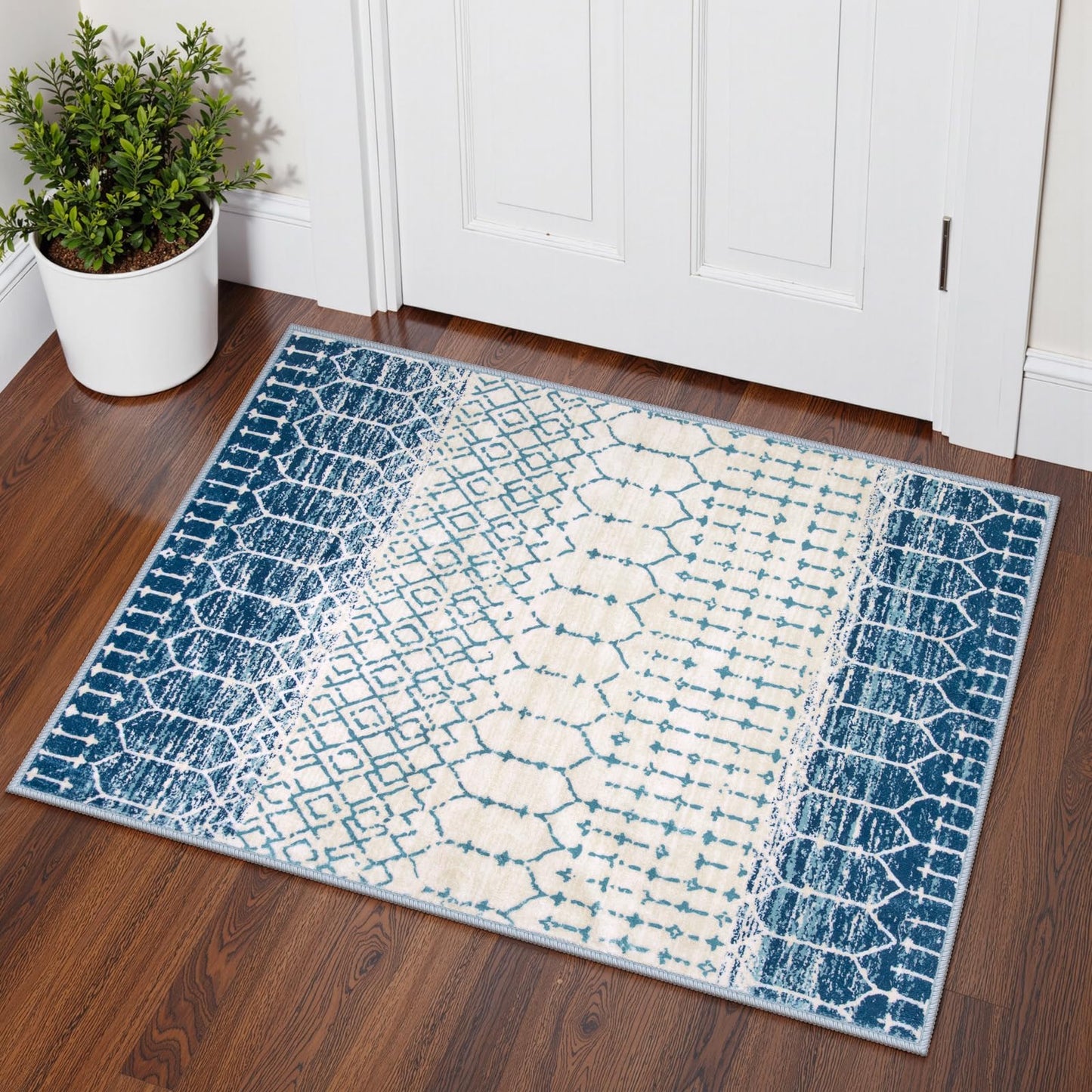 Lahome Moroccan Entryway Rugs Indoor 2x3 Area Rug Blue Non-Slip Backing Washable Indoor Mats for Entryway Low-Profile Throw Soft Rugs for Bathroom, Geometric Print Door Rug for Kitchen Bedside Hana