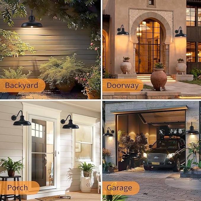 13.8'' Diameter Large Dusk to Dawn Outdoor Gooseneck Barn Light 2 Packs, Outdoor Wall Sconce Farmhouse Exterior Light Wall Lighting Fixture Industrial Outside Lantern for Porch, Patio, Garage, Black