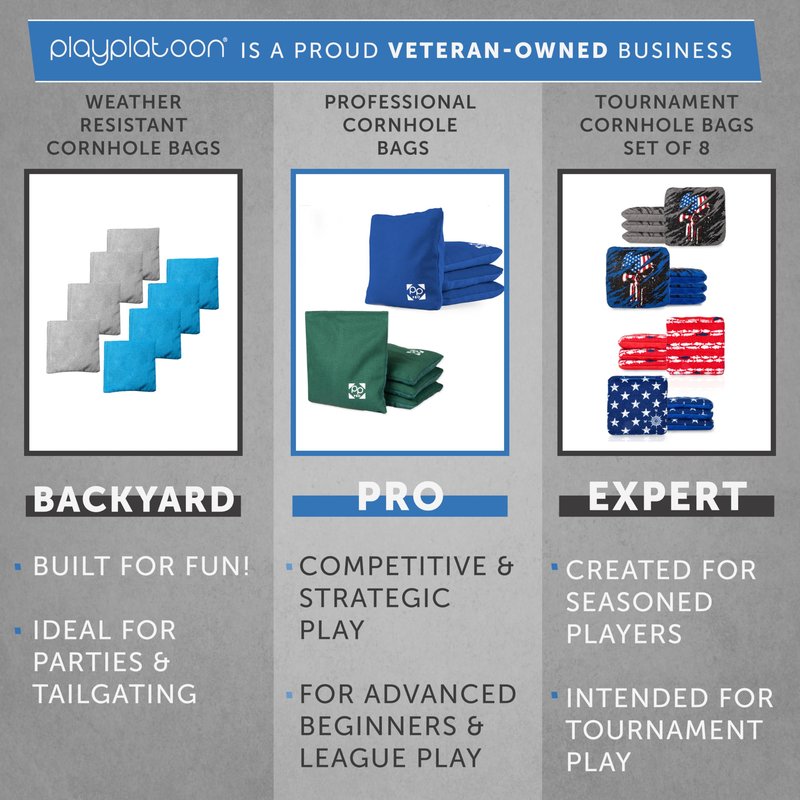 Play Platoon Professional Cornhole Bags - Set of 8 Regulation All Weather Double Sided - Sticky/Slick Side Bean Bags for Pro Corn Hole Game, Slick Duck Canvas & Sticky Suede