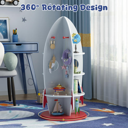 BVIUNTWO Kids Rocket Bookshelf, 360 Rotating Toy Storage Organizer, Multi-Tier Children's Bookcase with Hooks for Playroom & Nursery, Space-Themed Corner Display Shelf for Toddlers, Boys & Girls