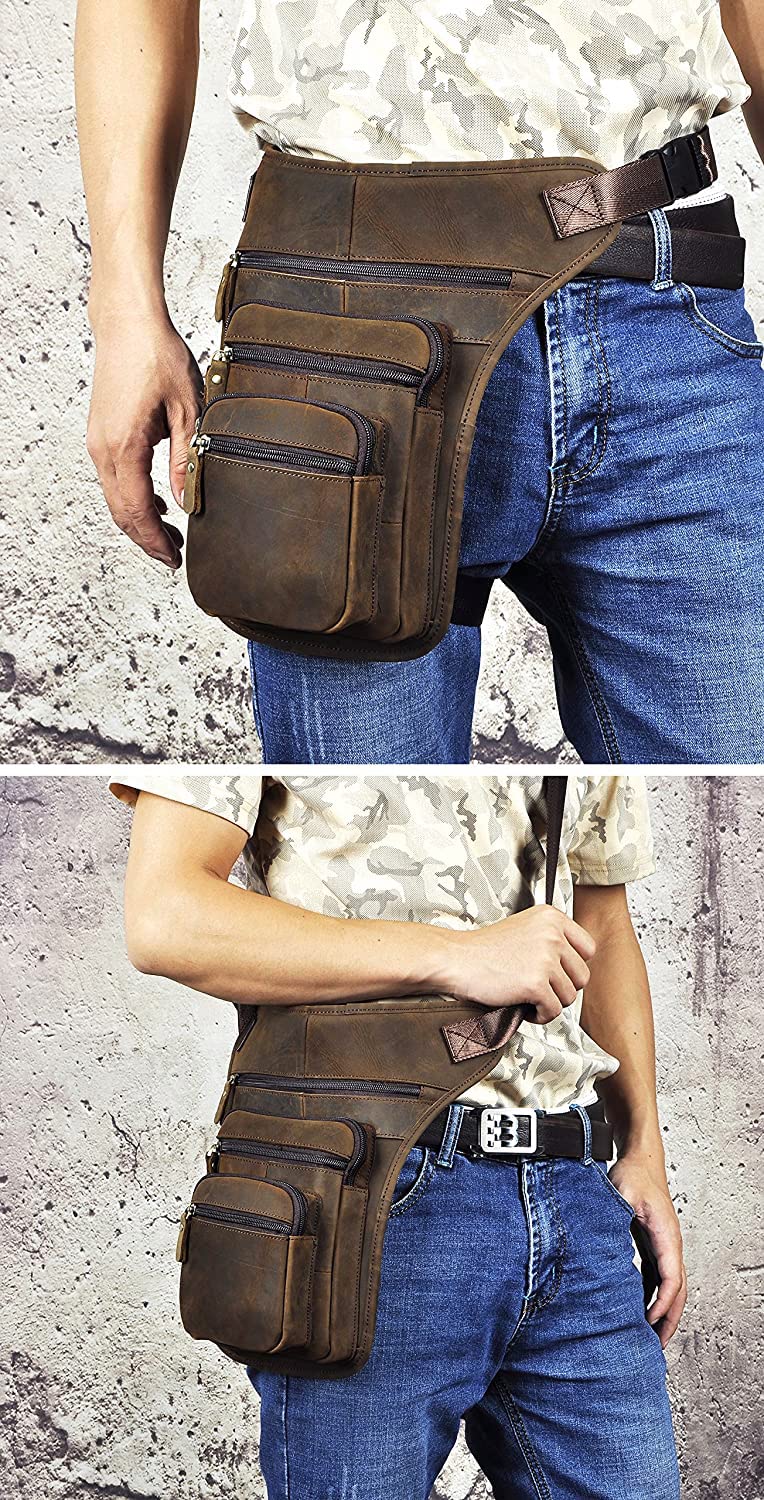 Le'aokuu Mens Genuine Leather Motorcycle Tactic Belt Waist Pack Drop Leg Cross Over Bag (3111 Brown)
