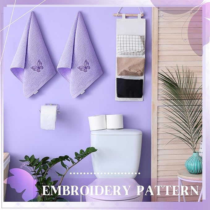2 Pcs Butterfly Hand Towels Light Purple Bathroom Decor 14x29 Inch Embroidered
