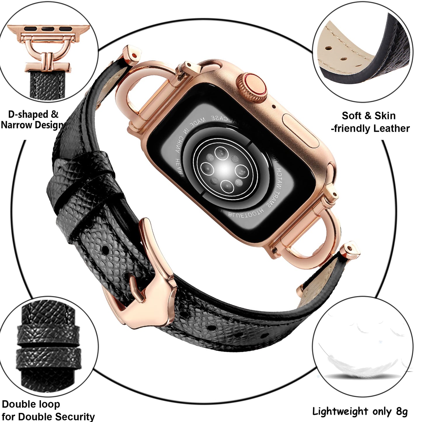 Osber Genuine Leather Band Compatible with Apple Watch Women 38mm 40mm 41mm 42mm(S11/S10), Designer Slim Leather Strap with D-Shape Gold Metal Buckle for iWatch Series 11 10 9 8 SE 7 6 5 4 3 2 1, Black