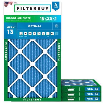 Filterbuy 16x25x1 Air Filter MERV 13 Optimal Smoke & Allergy Defense (4-Pack), Electrostatic Pleated HVAC AC Furnace Filters Replacement, Made in USA (Actual Size: 15.50 x 24.50 x 0.75)