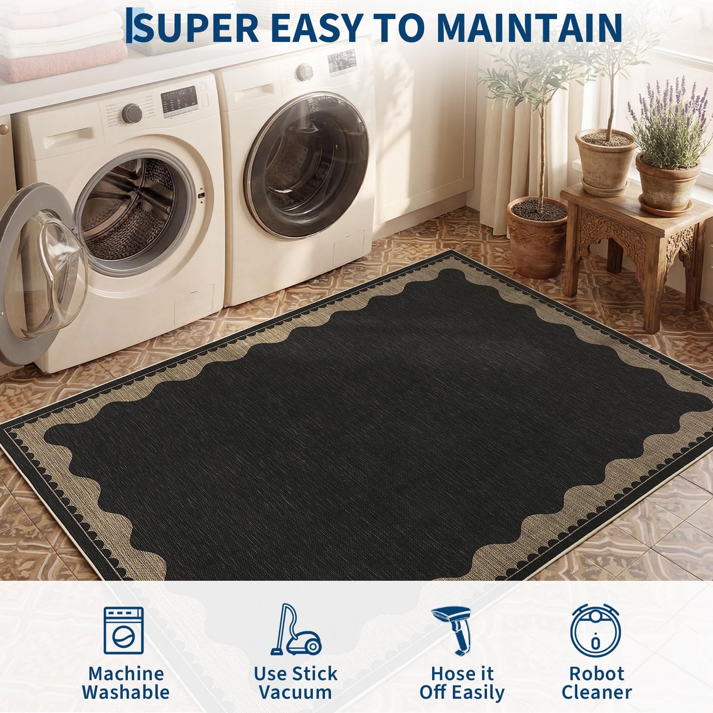 Garvee 2x6 Easy Jute Front Porch Rug, Neutral Scalloped Runner Rug with Non Slip Backing, Bordered Washable Rugs for Entryway, Stain Resistant Non Shedding Mats for Bedroom, Kitchen, Patio, Black