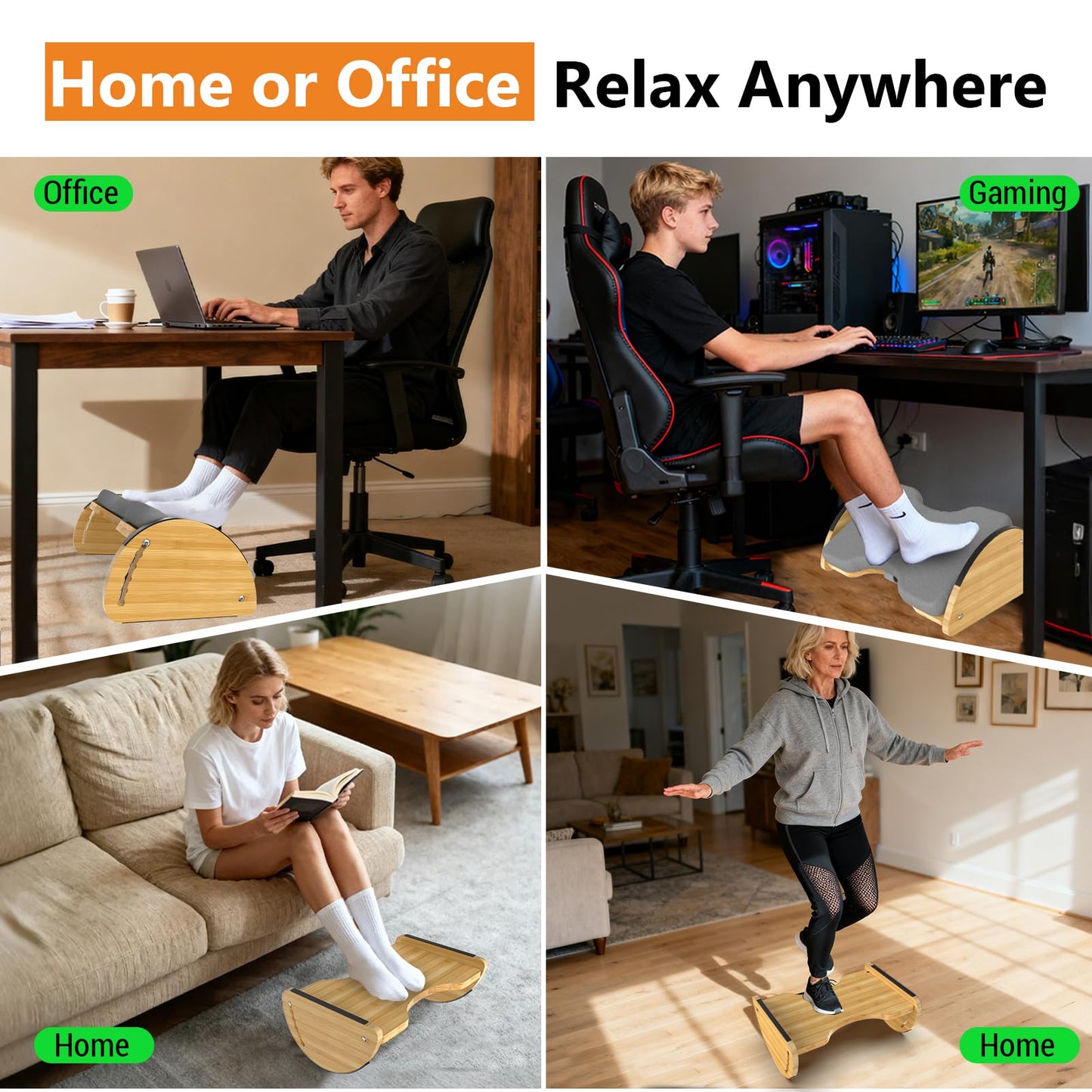 Bamboo Foot Rest for Under Desk at Work - 3-in-1 Reversible Rocking Under Desk Footrest with Foam Cushion and 6 Adjustable Heights, Ergonomic Foot Rest with Washable Cover for Home, Office and Gaming