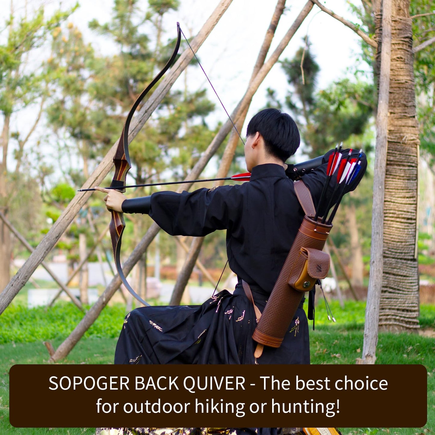 SOPOGER Arrow Quiver Arrow Holder - Handmade Traditional Leather Quiver with Adjustable Strap and Pocket, Archery Shoulder Back Quiver for Arrows Cosplay Bow and Arrow Accessories