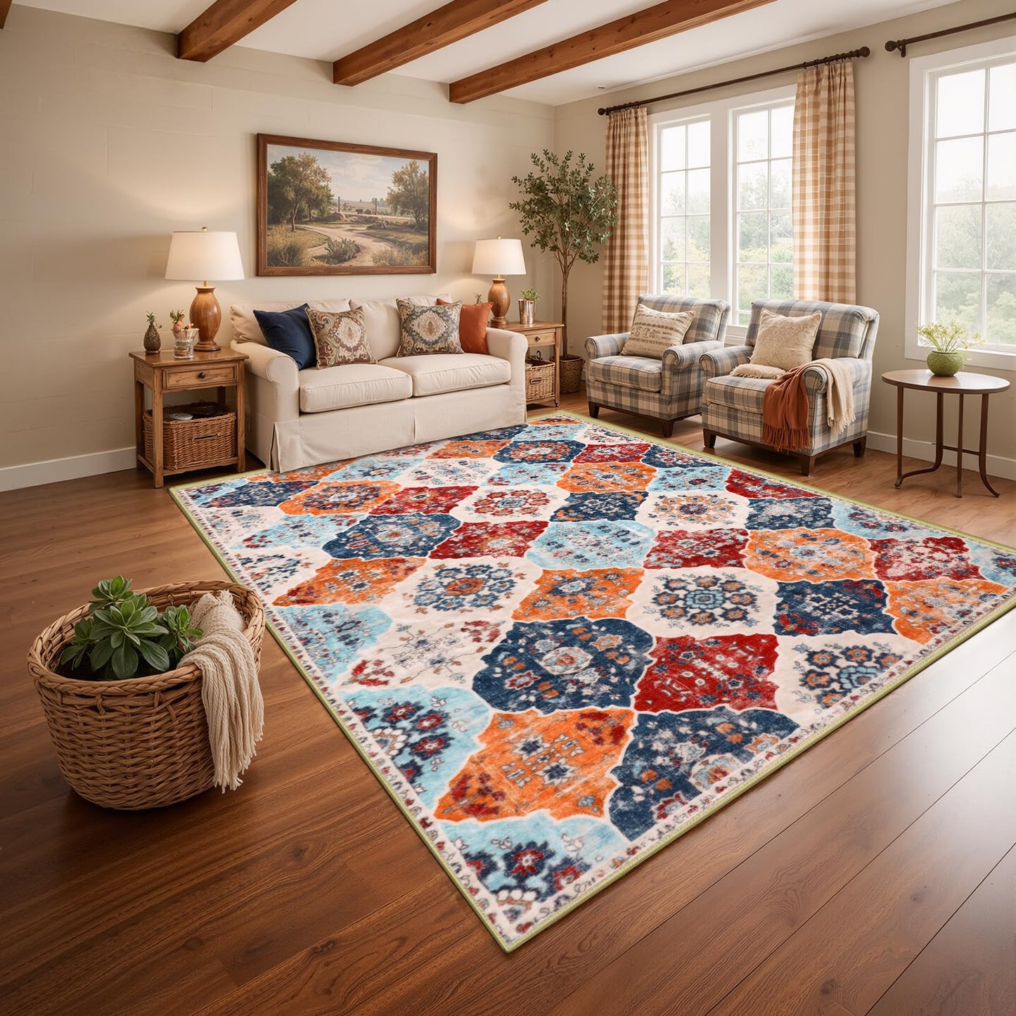 FLYRUGGO Area Rugs, 5x7 Washable Boho Throw Rug Indoor, Moroccan Trellis Bohemian Ultra Soft Large Non-Slip Carpet for Living Room Dining Room Office Bedroom (001-Orange/Multi, 5x7)