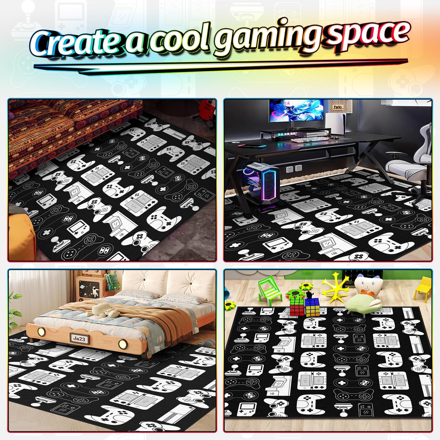 Auetwyona Gamer Rug for Boys Room Area Rugs 3x5 ft Black and White Gaming Rug for Gaming Room Decor Video Game Area Carpet for Teen Boys Bedroom, Kids Playroom, College Dorm,Men's Game Room