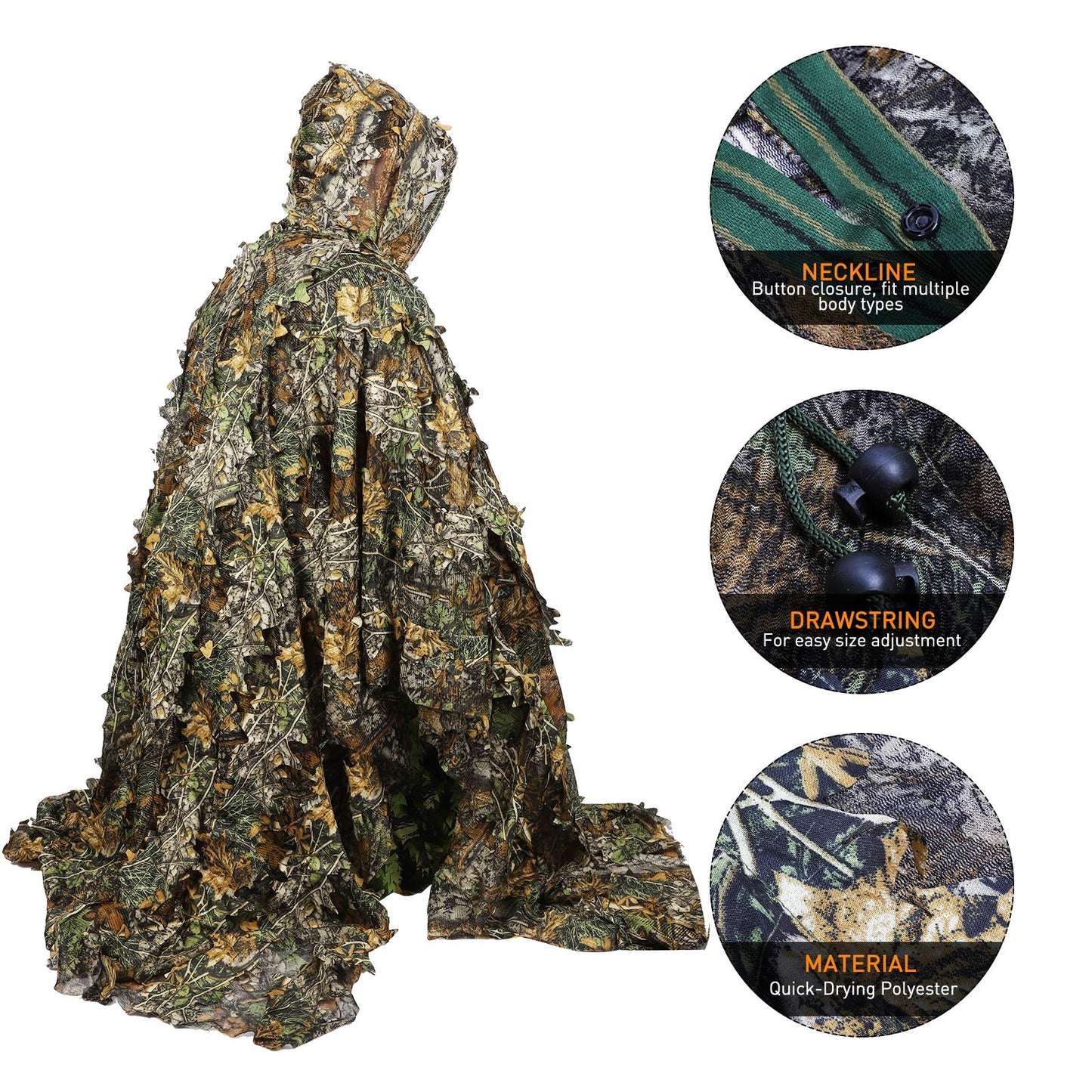 Outdoor Camouflage Ghillie Poncho 3D Leaves Hunting Cape Camouflage Cloak Stealth Ghillie Suit for Bird Watch Military CS Woodland
