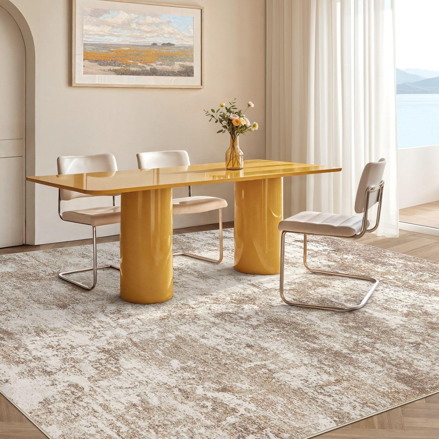 Micgeek Area Rug Living Room - 5X7 Abstract Washable Large Soft Foldable Non Slip Rug Neutral Modern Low Pile Carpet for Bedroom Nursery Dining Room Kitchen Home Office Indoor - Brown