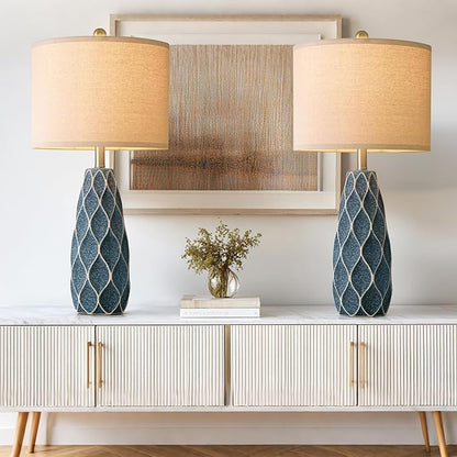 27.5" Ceramic Table Lamps for Living Room Bedroom Lamps Set of 2 Modern Boho Bedside Lamps Night Stands Farmhouse Vintage Large Nightstand Lamp Reading Light Home Office Dorm Desk Deco Gifts, Blue