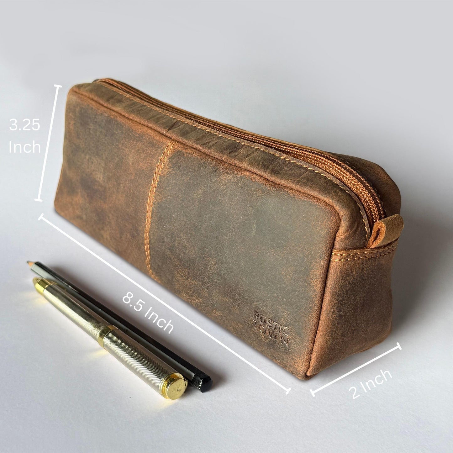 RUSTIC TOWN Leather Pencil Case for Men & Women – Full Grain Leather Pen Pouch with Zipper, Handcrafted Pencil Pouch Organizer for Office, School & Travel