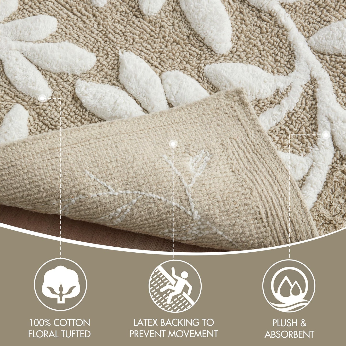 Madison Park Serene 100% Cotton Tufted Bathroom Rug - High & Low Tufting Floral Leaf Design, Quality Luxurious Plush Medium Pile Bath Mat Absorbent, Quick Dry, Shower Room Décor, 21x34 Taupe