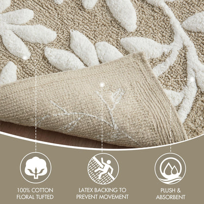 Madison Park Serene 100% Cotton Tufted Bathroom Rug - High & Low Tufting Floral Leaf Design, Quality Luxurious Plush Medium Pile Bath Mat Absorbent, Quick Dry, Shower Room Décor, 21x34 Taupe