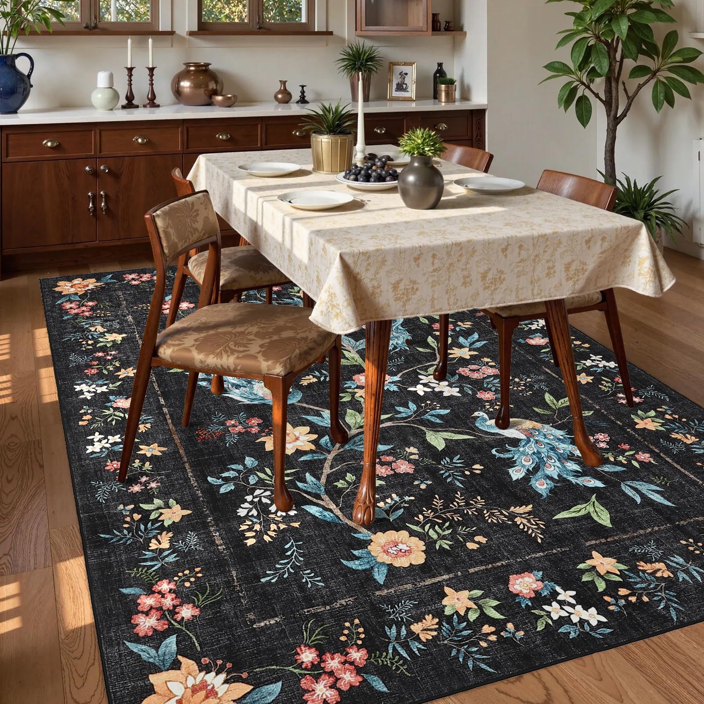 GarveeHome 5x7 Area Rug Floral Peacock Black Washable Rugs for Living Room Bedroom, Soft Low Pile Non Slip Accent Floor Mat Animal Print Throw Rug Indoor Carpet Dining Room Playroom