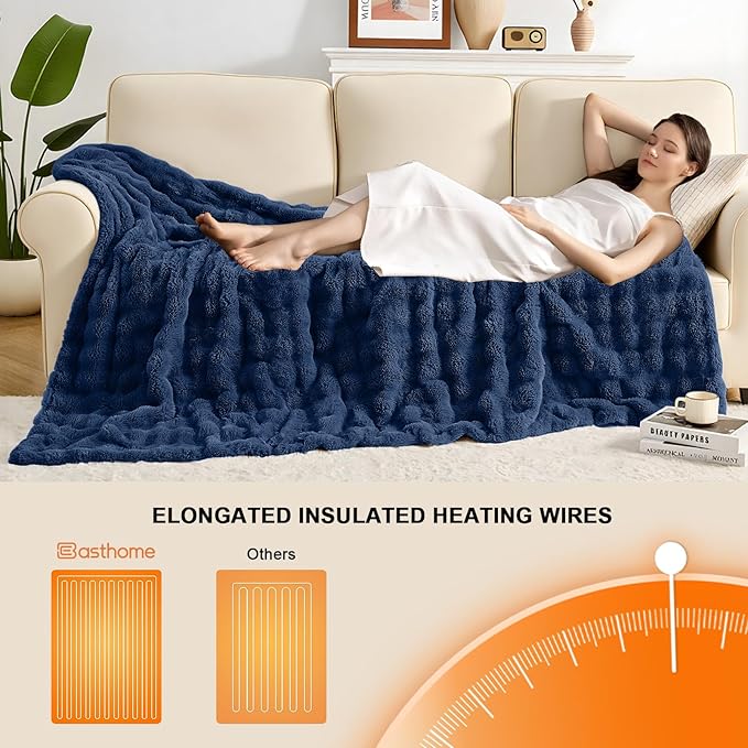 Heated Blanket Electric Throw Blanket 72''X 84''-Heating Blanket with 6 Heat Settings-10 Hours Auto Off,Cozy Faux Rabbit Fur Bubble Electric Blanket,Navy Blue