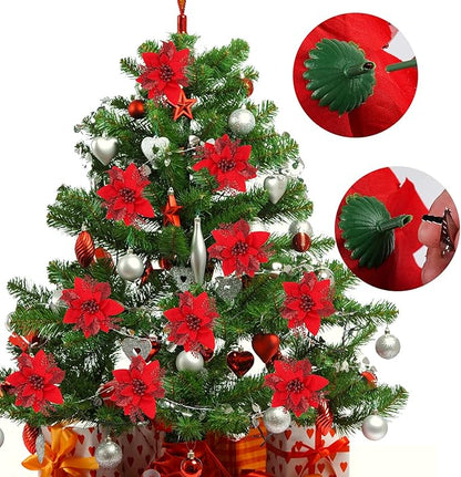 RECUTMS 10 PCS Red Glitter Poinsettia Flowers Christmas Tree Ornaments Fake Christmas Flowers Artificial Christmas Flowers Decorations Wedding Xmas Tree New Year Ornaments Wreath Decoration(Red)