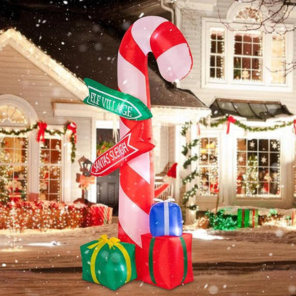 MUMTOP 9 Ft Tall Christmas Inflatables Outdoor Decorations, Inflatables Candy Cane with Road Sign Blow up Merry Christmas Bag Yard Decoration Built-in LED Lights for Outdoor Party Holiday Decor