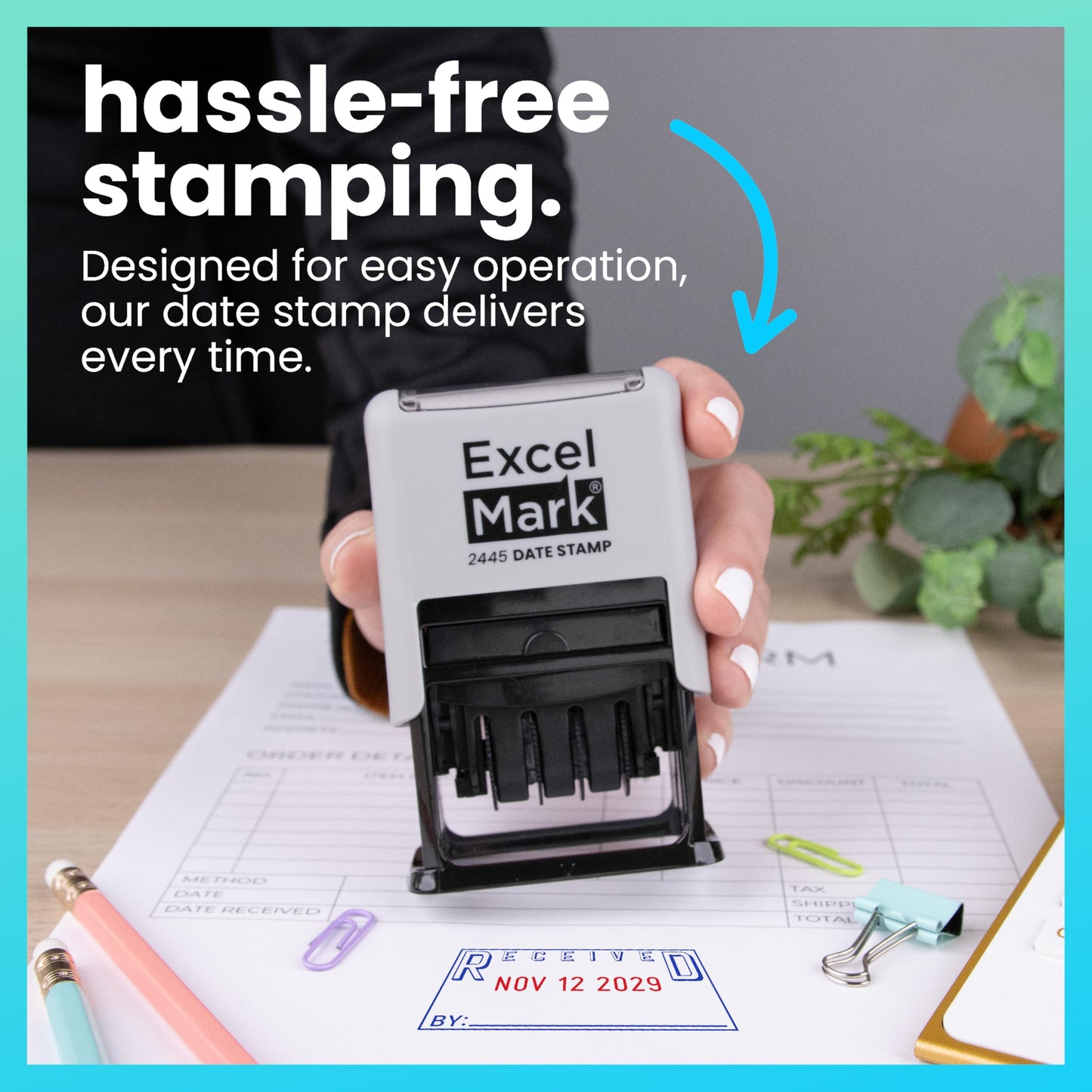 ExcelMark 2445 Date Stamp with Text - Blue and Red Ink (Gray Mount, Received)