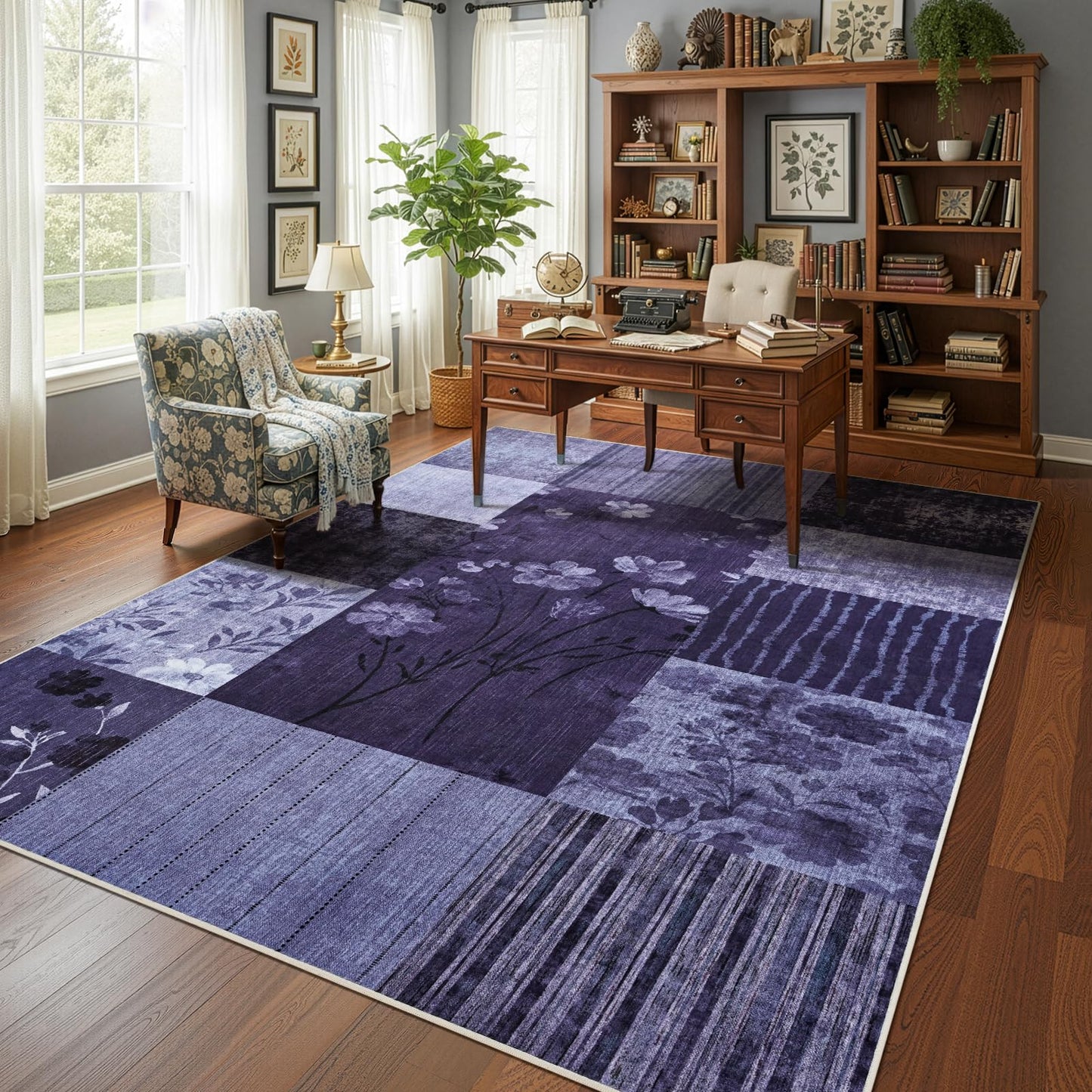 DweIke Area Rugs 4'x6' Washable Purple Rug for Living Room, Non-Slip Modern Geometric Patchwork Stain Resistant Indoor Throw Carpet for Bedroom Dining Room Farmhouse Office Decor