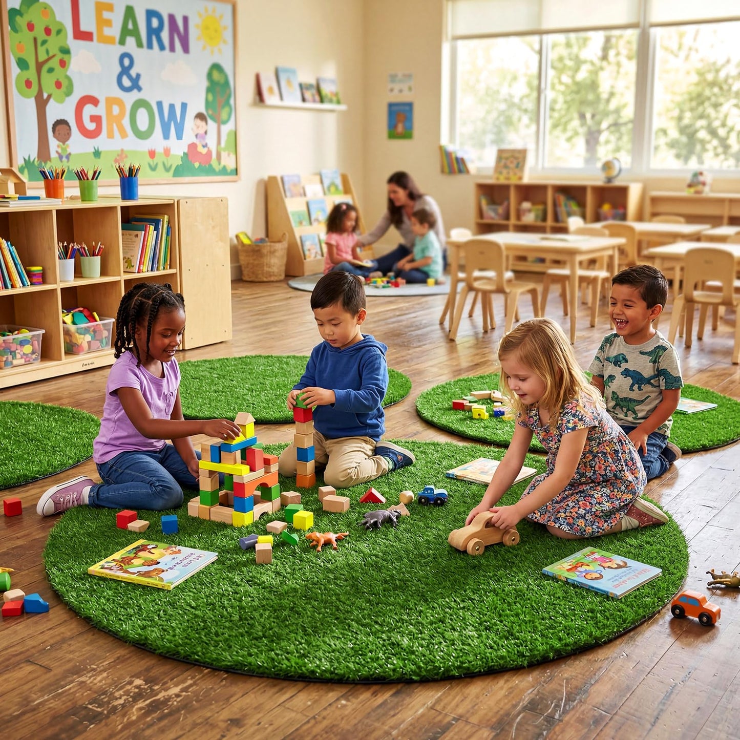 Dunzy 2 Pack Artificial Grass Mats for Class 39 Inch Round Classroom Rug Floor Cushions Soft First Day of School Educational Mat Non Slip Back to School Learning Playing Areas