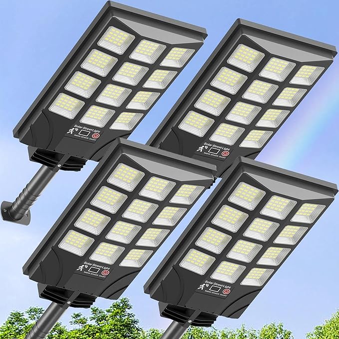 Solar Street Lights Outdoor Motion Sensor, 6500K Dusk to Dawn LED Solar Flood Light, Waterproof Security Light for Outside Garden Yard Parking Lot, 4PCS