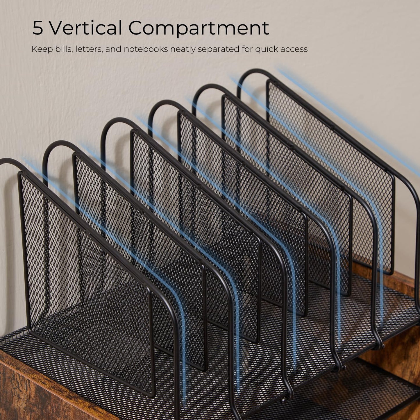 Y YOMA Wooden Desk Organizer, 4-Tier Mesh Desk Organizer with Drawer, Paper Tray & 5 Vertical File Holders, 2 Pen Holders, Desktop Organizer and Accessories for Home Office Dorm