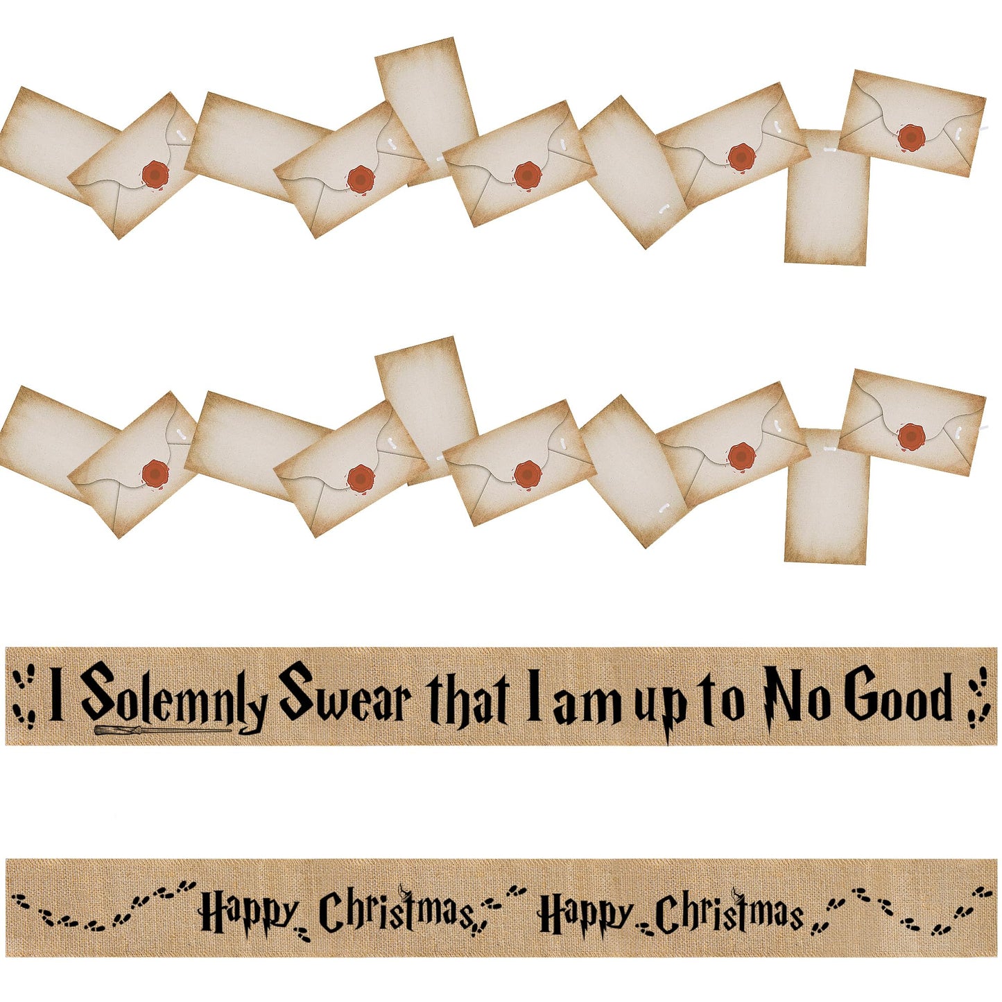 Mizelu 2 Set 62''x 4'' Christmas Tree Burlap Ribbon Garland, Wizard Burlap Ribbon Tree Decoration with 2 String Letter Cards, Xmas Rustic Burlaps Ribbons Decor for Christmas Hanging Home DIY Craft