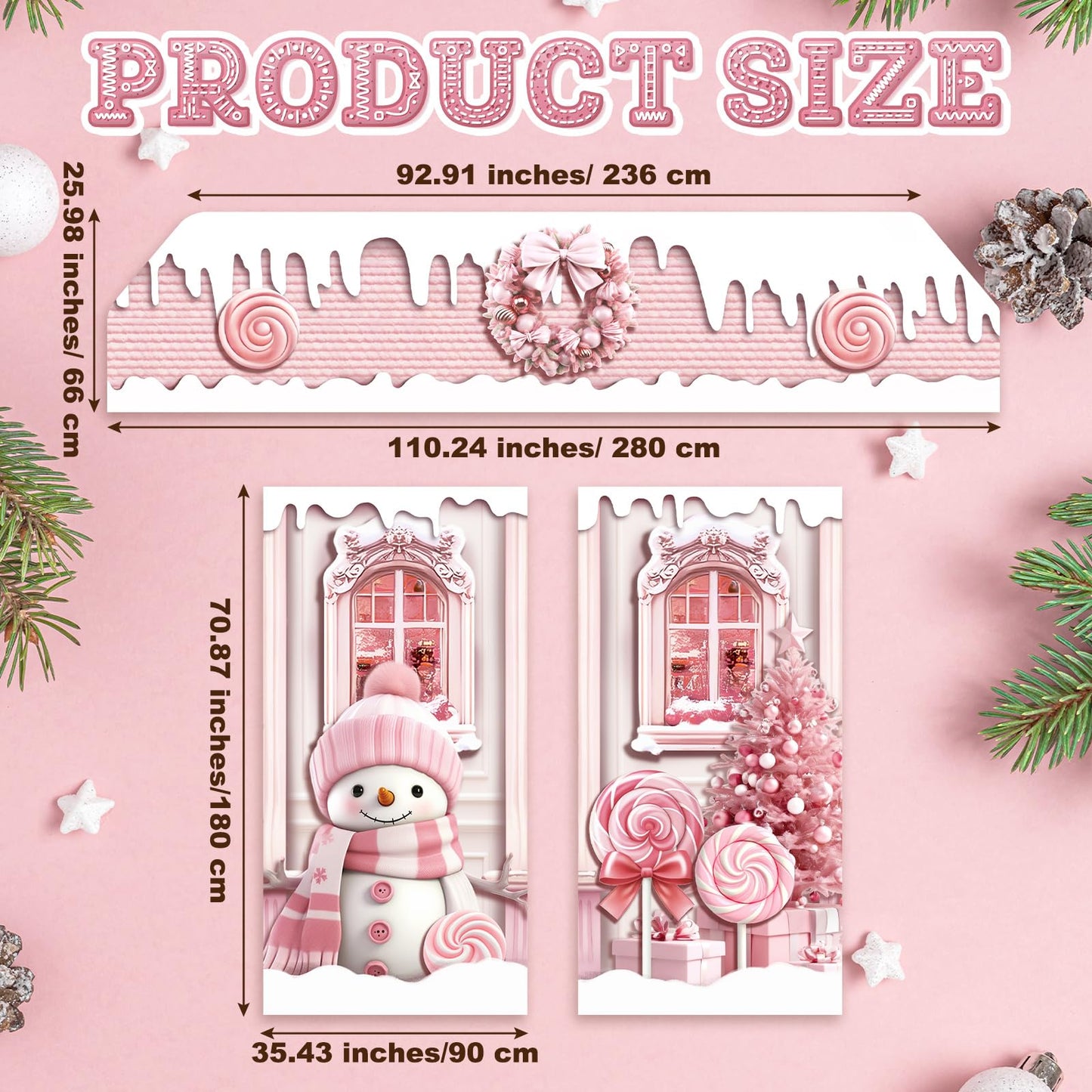 HunnmingRe 3 Pcs Christmas Gingerbread House Decorations Gingerbread Door Covers Backdrop Christmas Door Banners for Xmas Holiday Party Photography Photo Background Decor(Pink Style)