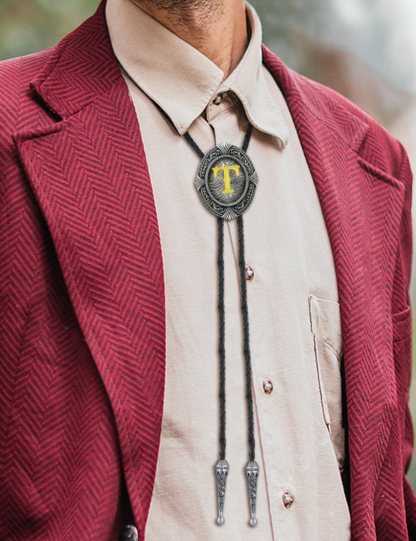 HUABOLA CALYN Vintage Bolo tie for Men Western Cowboy Native American Initial Letter ABCDJMR to Z Costume Bolo ties for Women (T)