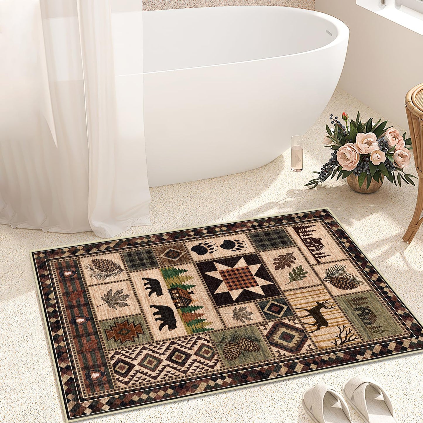Bear Rug 2x3 Rustic Cabin Deer Entryway Rug Southwestern Lodge Doormat Machine Washable Non-Slip Low-Pile Western Woodland Door Mat for Kitchen Bathroom Bedroom Laundry