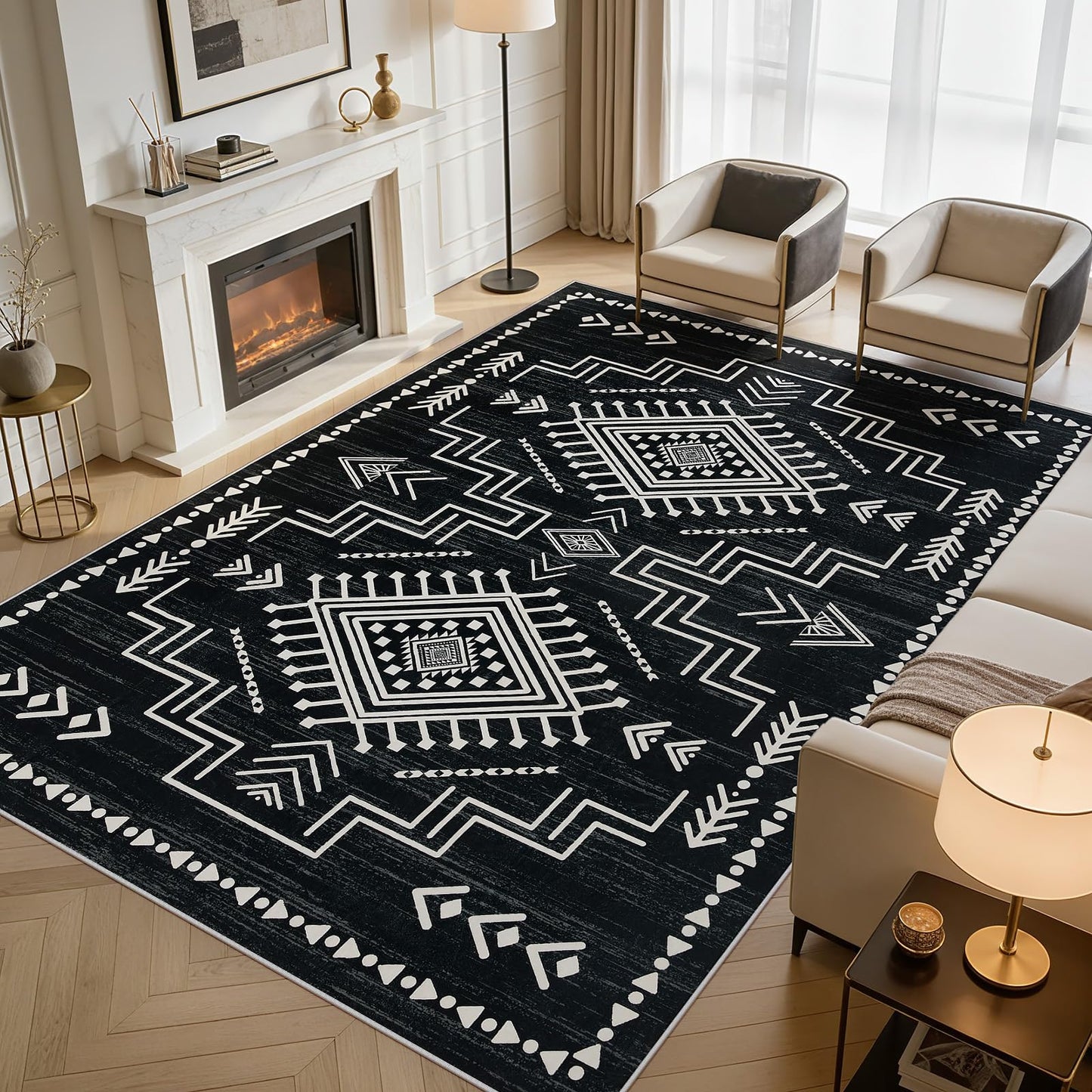 Joydeco Moroccan Black 8x10 Area Rugs for Living Room, Non-Slip Western Large Bedroom Dining Room Rug, Throw Stain Resistant Geometric Aztec Print Modern Soft Carpet for Playroom Office